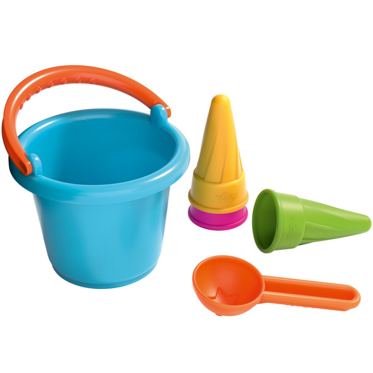 HABA Sand Toys Ice Cream Set - 5 Piece Bundle with Plastic Pail, 3 Cones & Scoop Sized Just Right for Toddlers